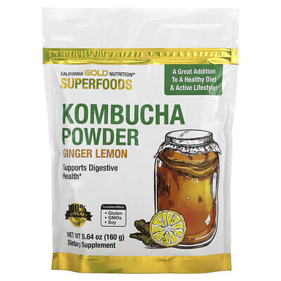 Порошок комбуча California Gold Nutrition Superfoods, имбирь и лимон, 5.64 oz (160 g)