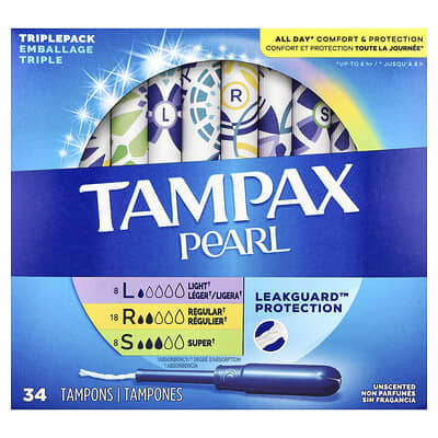 Тампоны Pearl, упаковка 3 из 3, Light/Regular/Super, без запаха, 34 шт.