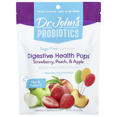 Пробиотики Probiotics, Digestive Health Pops™, + Fiber & Vitamin C, клубника, персик и яблоко, 14 индивидуально упакованных леденцов, 3.85 oz (109 g)