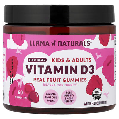 Kids & Adults Plant-Based Vitamin D3, Real Fruit Gummies, Really Raspberry, 60 Gummies
