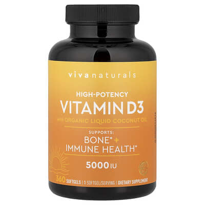 Viva Naturals витамин D3 с органическим жидким кокосовым маслом 360 мягких капсул