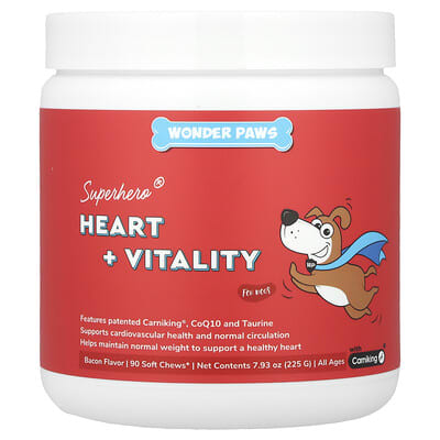 Жевательные лакомства Superhero® Heart + Vitality для собак, все возрасты, бекон, 90 шт, 7.93 oz (225 g)