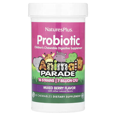 NaturesPlus Probiotic, Детский Chewable Digestive Supplement, Mixed Berry, 7 Billion CFU, 30 Chewables