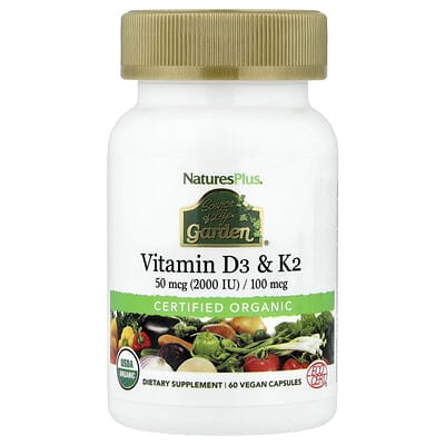 NaturesPlus Source of Life Garden®, Витамин D3 и K2, 60 веганских капсул