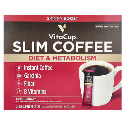 VitaCup Slim Instant Coffee, Medium Roast, 24 порционных стиков, 0.13 oz (3.7 g) каждый