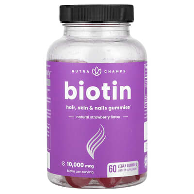 Biotin Gummies, Natural Strawberry, 60 Vegan Gummies (5,000 mcg per Gummy)