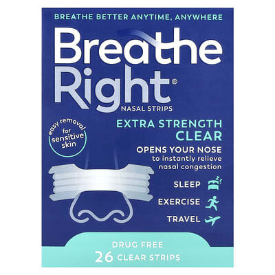 Breathe Right Назальные полоски, прозрачные, для чувствительной кожи, 26 штук