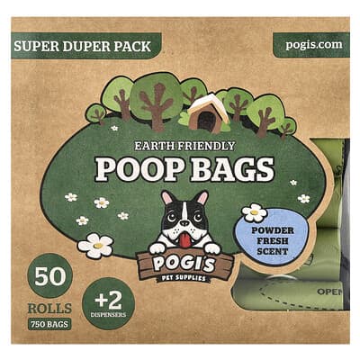 Экологичные пакеты для экскрементов животных, набор Super Duper, Powder Fresh, 50 рулонов, 750 пакетов, 2 диспенсера