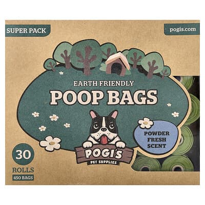 Pogi's Pet Supplies Пакеты для экскрементов животных, Super Pack, Powder Fresh, 30 рулонов, 450 шт.