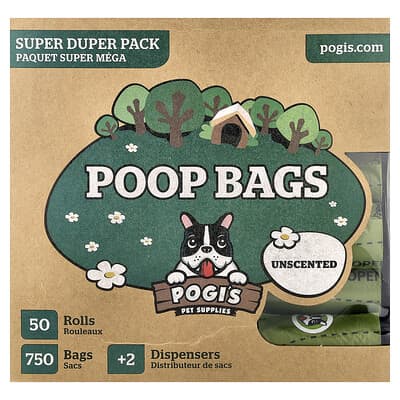 Мешки для экскрементов, Super Duper Pack, без запаха, 50 рулонов, 750 пакетов, 2 диспенсера