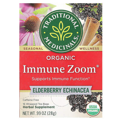 Organic Immune Zoom®, Elderberry Echinacea, Caffeine Free, 16 Wrapped Tea Bags, 0.99 oz (28 g)
