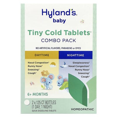 Hyland's Naturals Детские таблетки от простуды, дневной/ночной, 2 флакона, по 125 быстрорастворимых таблеток каждый