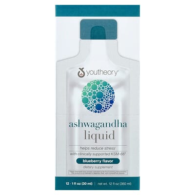 Youtheory Ashwagandha Liquid, Blueberry, 12 Pouches, 1 fl oz (30 ml) Each добавки