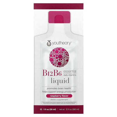 Жидкие витамины Youtheory B12 B6, малина, 12 пакетиков, 30 ml