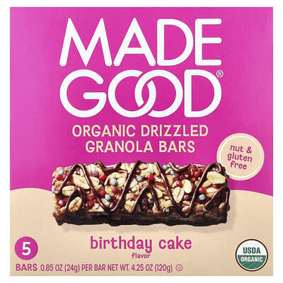 Granola Bars, Organic Drizzled, Birthday Cake, 5 Bars, 0.85 oz (24 g) Each