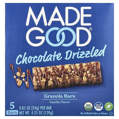 Organic Drizzled Granola Bars, Vanilla, 5 Bars, 0.85 oz (24 g) Each