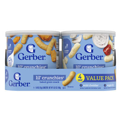 Lil' Crunchies®, Baked Grain Snack, 8+ Months, Mild Cheddar and Veggie Dip, 4 Canisters, 1.48 oz (42 g) Each