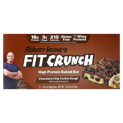 Протеиновый батончик FITCRUNCH High Protein Baked Bar, Chocolate Chip Cookie Dough, 9 Bars, 1.62 oz (46 g) Each