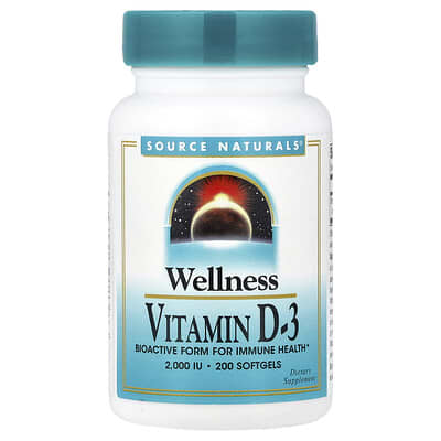 Source Naturals Wellness, витамин D-3, 50 mcg (2,000 IU), 200 мягких капсул
