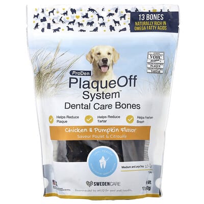 PlaqueOff System™, Dental Care Bones, For Medium and Large Dogs, Chicken & Pumpkin, 13 Bones, 17 oz (482 g)