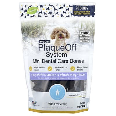 Мини-кости PlaqueOff System™ для ухода за зубами собак, черника и овощи, 20 шт., 12 oz (340 g)