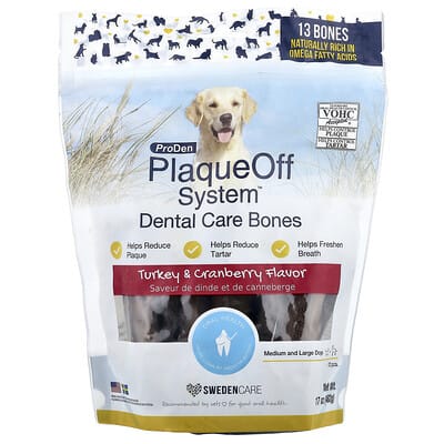 PlaqueOff System™, косточки для ухода за зубами, для средних и крупных собак, Turkey & Cranberry, 13 косточек, 17 oz (482 g)