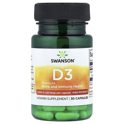 Vitamin D3, High Potency, 25 mcg (1,000 IU), 30 Capsules