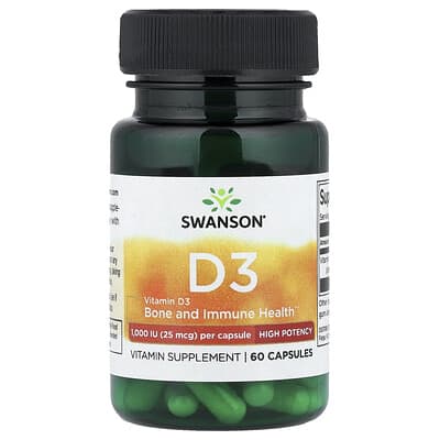 Vitamin D3, High Potency, 25 mcg (1,000 IU), 60 Capsules
