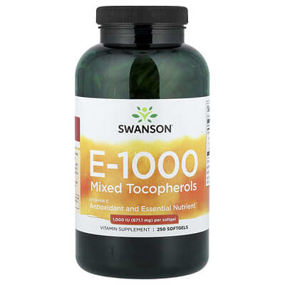 Витамин E-1000, смешанные токоферолы, 1,000 IU (671.1 mg), 250 мягких капсул