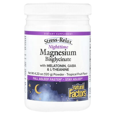 Порошок Stress-Relax® Nighttime Magnesium Bisglycinate с мелатонином, Gaba и L-Theanine, Tropical Fruit, 4.23 oz (120 g)