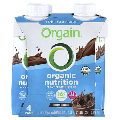 Растительный протеиновый коктейль Orgain Organic, шоколад, 4 шт., 11 fl oz (330 ml) каждый