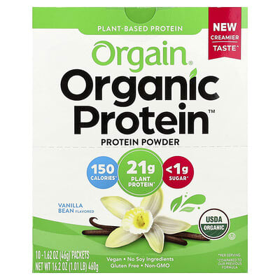 Orgain Органический протеиновый порошок Plant-Based, Vanilla Bean, 10 пакетиков, 1.62 oz (46 g) каждый