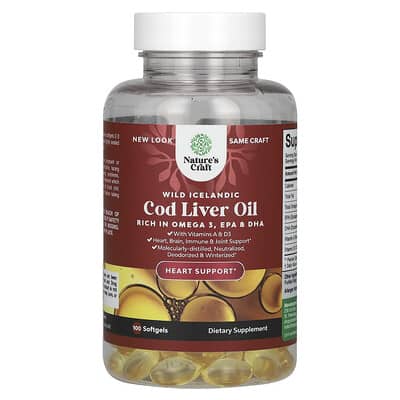 Рыбий жир с печенью трески Wild Icelandic Cod Liver Oil с витаминами A и D3, 100 мягких капсул