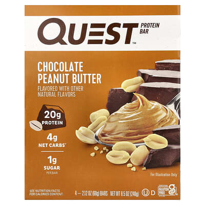 Protein Bar, Chocolate Peanut Butter, 4 Bars, 2.12 oz (60 g) Each