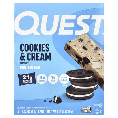 Protein Bar, Cookies & Cream, 4 Bars, 2.12 oz (60 g) Each