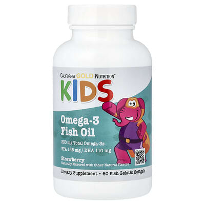 Детский Omega-3 рыбий жир, натуральный клубничный вкус, 60 мягких желатиновых капсул
