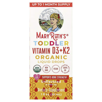 Organic Toddler Vitamin D3 + K2 Liquid Drops, 1-3 Years, Unflavored, 1 fl oz (30 ml)
