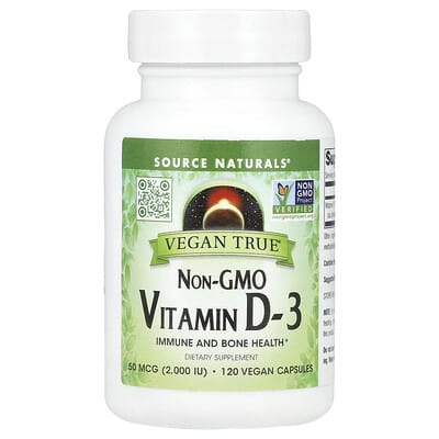 Витамин D-3 Vegan True®, Non-GMO, 50 mcg (2,000 IU), 120 веганских капсул