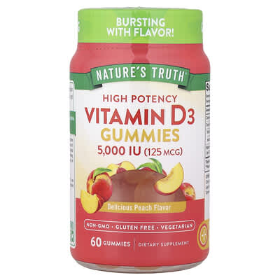 Vitamin D3 Gummies, High Potency, Delicious Peach , 125 mcg (5,000 IU), 60 Gummies