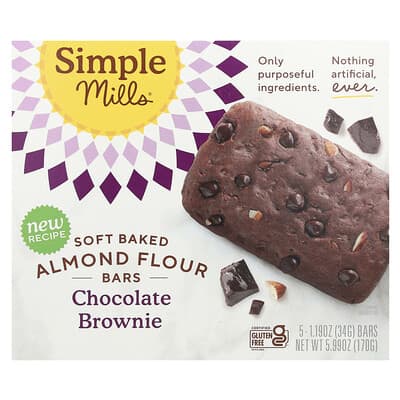 Soft Baked Almond Flour Bars, Chocolate Brownie, 5 Bars, 1.19 oz (34 g) Each