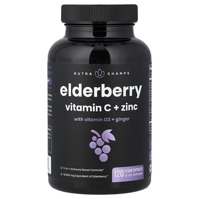 Elderberry, Vitamin C + Zinc with Vitamin D3 + Ginger, 120 Vegan Capsules