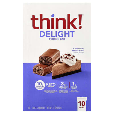 Протеиновый батончик Think! Delight Chocolate Mousse Pie, 10 Bars, 1.2 oz (34 g) Each