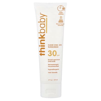 Солнцезащитный крем Thinkbaby® Clear Zinc 20%, SPF 30, без отдушки, 3 fl oz (89 ml)