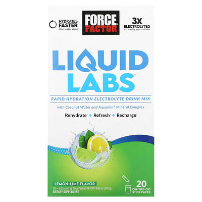 Liquid Labs™ экспресс-раствор для электролитного восстановления, лимон-лайм, 20 стиков, 0.25 oz (7 g) каждый