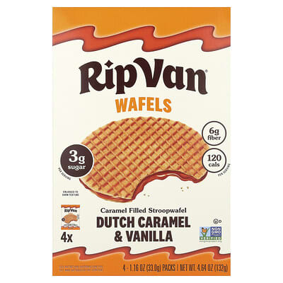 Rip Van Wafels стропвафли с карамельной начинкой, голландские карамель и ваниль, 4 упаковки, 1.16 oz (33 g) каждая