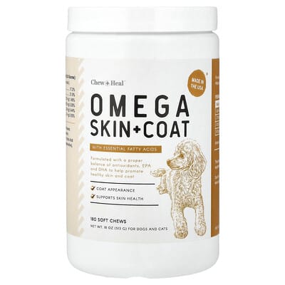 Chew + Heal Omega Skin + Coat с незаменимыми жирными кислотами для собак и кошек 180 мягких капсул 18 oz (513 g)