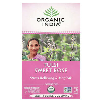 Чай Tulsi Sweet Rose, Caffeine Free, 18 Infusion Bags, 1.01 oz (28.8 g)
