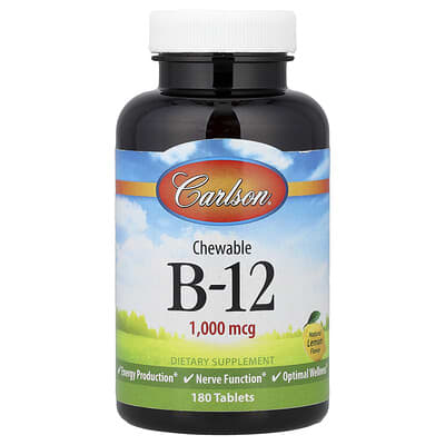 Жевательные таблетки B-12 Carlson Natural Lemon, 1,000 mcg, 180 таблеток