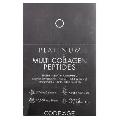 Мультиколлагеновые пептиды, Platinum, без вкуса, 30 пакетиков, 0.38 oz (11 g) каждый