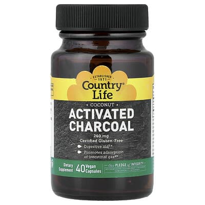 Country Life Активированный уголь, Coconut, 40 веганских капсул (260 mg на капсулу)
